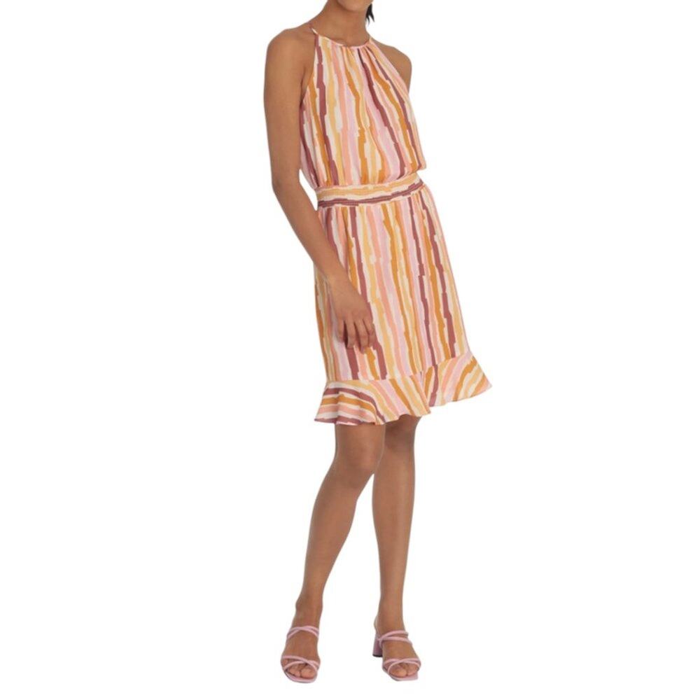 Donna Morgan Halter Neck Stripe Print Smocked Waist Dress Size 8P NWT $50 MSRP